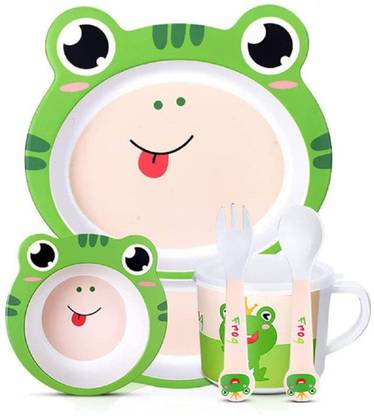 PEZYOX Bamboo 5 Piece Bamboo Dinnerware Plate and Bowl Set Shower- frog Design for Kids Dinner Set