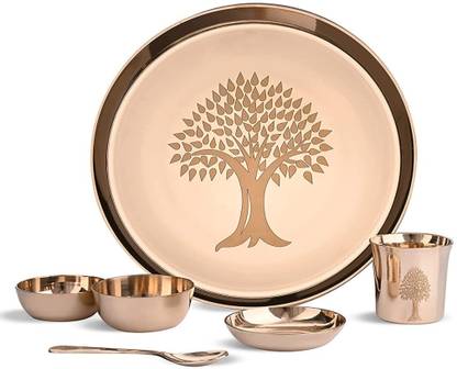 Kitdor Pack of 6 Bronze 100% Pure Kansa Bronze Dinner set / Thali Set - Tree Design Glossy Finish Dinner Set
