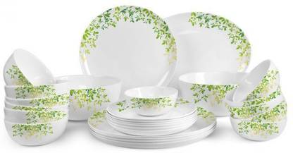 cello Pack of 27 Opalware Royale Green Orchard Dinner Set of 27 pcs || Dinner Plate 11"(6 pcs) || Quarter Plate (6 pcs) || Oval Platter (1 Pcs) || Veg Bowl (6 Pcs) || Soup Bowl (6 pcs) || Serving Bowl Medium (2 Pcs) Dinner Set