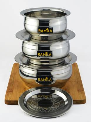 RAMILA Pack of 6 Stainless Steel Dinner Set Handi,Handi Set With LASER DESIGN LID(1.5-L, 1-L, 0.75-L / Capacity) Dinner Set