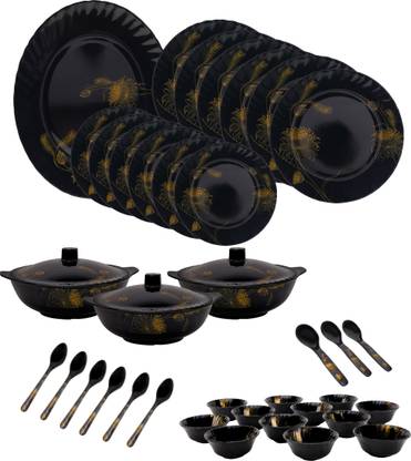 Sigri-wala Pack of 40 Melamin BLACK FLOWER Dinner Set