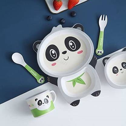 DIKUJI ENTERPRISE Pack of 5 Bamboo Panda Bamboo Dinner Set for Kids - Dishwasher Safe Plate Dinner Set