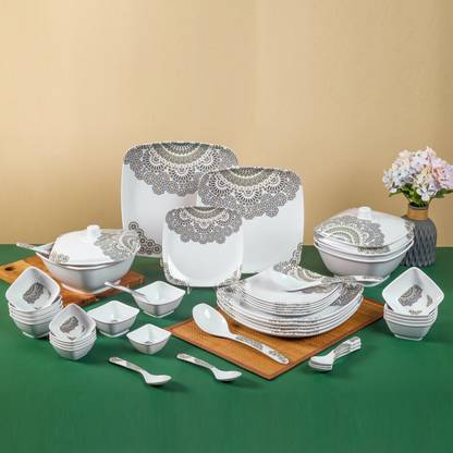 WCSE Pack of 46 Melamin City Gold Dinner Set, Elegant, Break & Stain Resistant, Square shape Dinner Set
