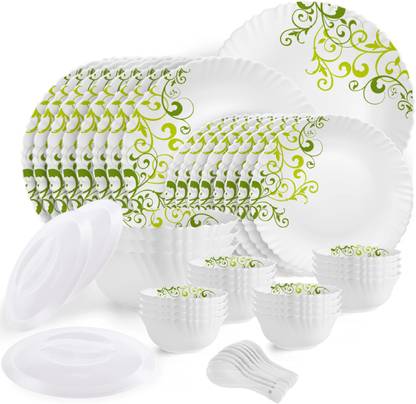 cello Pack of 47 Opalware Dazzle Oleander Crockery Green Dinner Set