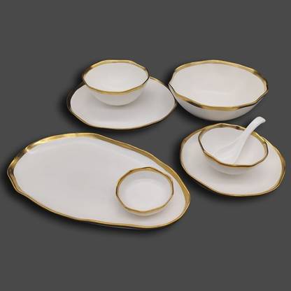shreedah Pack of 30 Ceramic Dinner Set (White With Golden Border Wavy Plain) Dinner Set