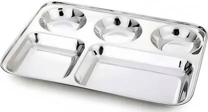 Liolis Stainless Steel Dinner Plate/Bhojan Thali with Rectangle Compartments with 5 Compartment Dinner Set