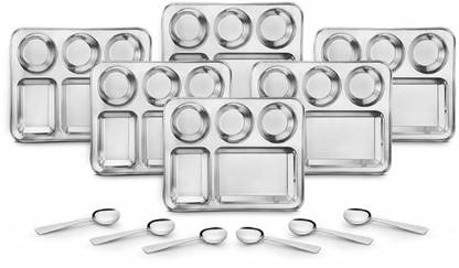 HM EVOTEK Pack of 12 Stainless Steel Rectangular 5 in 1 Compartment Bhojan Thali Lunch/Dinner Plate With Spoon Dinner Set