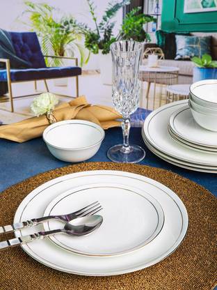 SONAKI Pack of 12 Bone China Gold Line Bone China Dinner Set