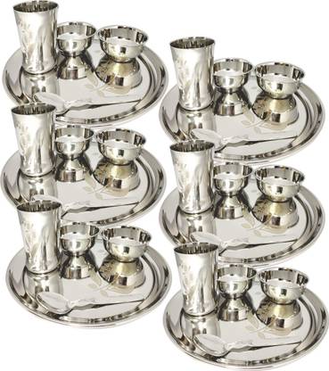 bartan hub Pack of 30 Stainless Steel Dinner Set of 30 PC ( 6 Plates , 6 Glass , 12 Bowls , 6 Spoons ) Dinner Set