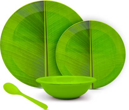 Laserbot Pack of 16 Melamin Melamin Banana Leaf Print(4 Full Plate|| 4 Bowl || 4 Half Plate || 4Spoon) 16pcs Dinner Set