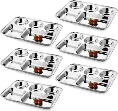 Masox Store Steel Plates for Lunch/ Dinner Thali Set 5 in 1 Rectangle Compartments Dish K7 Dinner Plate