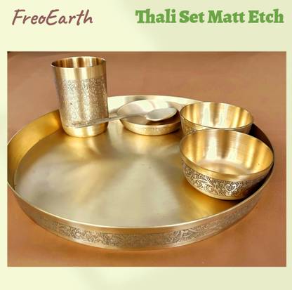 FreoEarth Pack of 6 Brass FreoEarth Brass Thali Set Matt Etch Dinner Set
