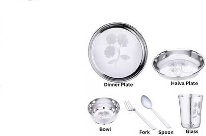 Klassi Kichen Pack of 6 Stainless Steel Steel Laser Printed Flower Dinner Set (Set of 6-Serves 6) Dinner Set