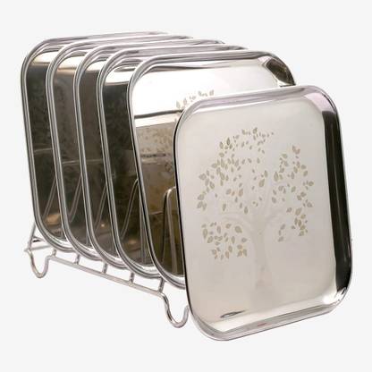 Next Future Pack of 6 Stainless Steel Heavy Gauge Large Square Plates for Breakfast/ Lunch/ Dinner Laser Print- 8 In Dinner Set
