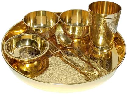 A & H ENTERPRISES Pack of 7 Brass Floral Design Pital Thali Set , Dinner Set for Dinnerware Serveware Dinner Set