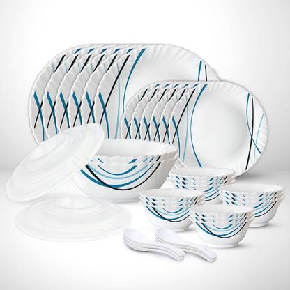 Larah by Borosil Pack of 34 Opalware Galaxy Series Merlin 34 pcs Dinnerset, Opalware Crockery For Dining & Gifting Dinner Set
