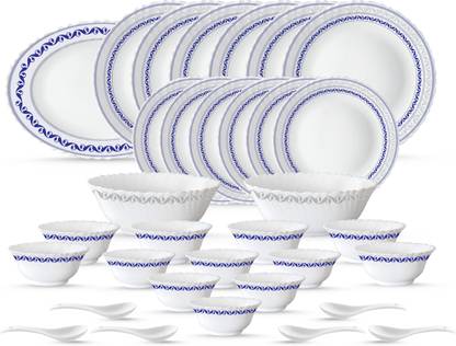 Larah by Borosil Pack of 33 Opalware Super White & Light, 100 % Hygienic food grade JB Dinner Set