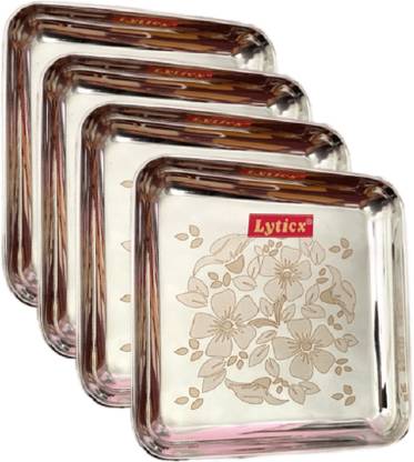 Lyticx Pack of 4 Stainless Steel Square Shape Dinner / Lunch / Breakfast / Snacks Plate, 20 CM Dinner Set