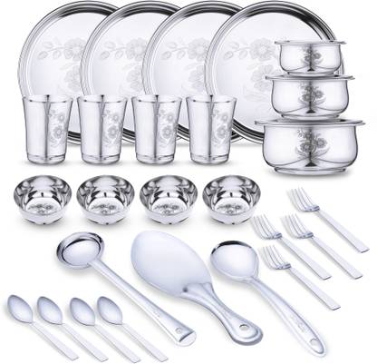 LIMETRO STEEL Pack of 29 Stainless Steel Laser Printed (Flawer-4) Dinner Set
