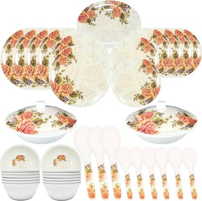 Apollo Samrat Pack of 38 Melamin GLOSSY FINISH HIGH GRADE MELAMINE DINNER SET WHITE AND ORANGE 38 PCS Dinner Set