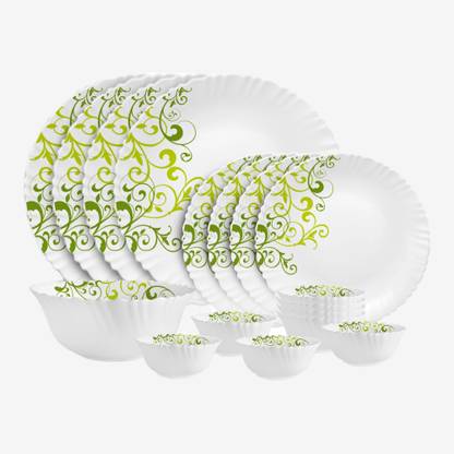 cello Pack of 17 Opalware Dazzle Opalware Oleander Dinner Set | Crockery Set | Green Dinner Set