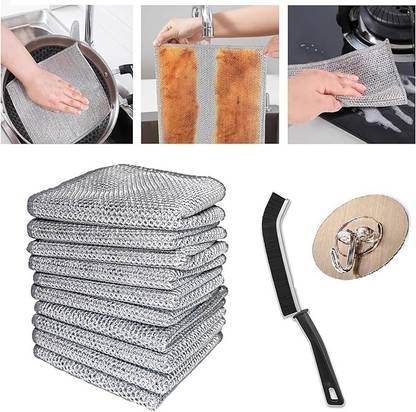 COFP 10PCS Wire Dishcloth Sponge Pad & Gaps Cleaning Brush & Round Strong Hook Dishwash Bar