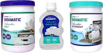 Dishmatic Automatic Dishwasher Detergent, Salt & Rinse Aid Combo Pack (1 Kg*1 Kg*250 ml) Dishwashing Detergent