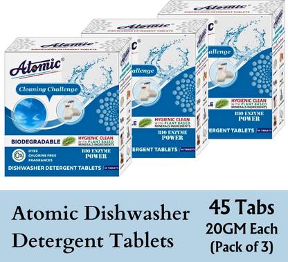 ATOMIC Dishwasher Detergent Tablets with Bio Enzyme Power, Pack of 3 (45 X 3= 135 Tabs) Dishwashing Detergent