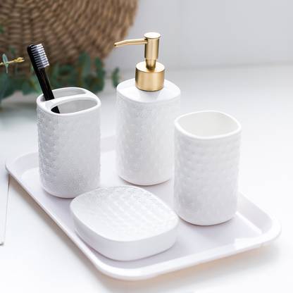 Ekhasa Ceramic Bathroom Accessories | Includes Soap Dispenser, Soap Dish, Tumblers | Ceramic Bathroom Set