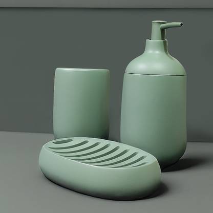 iBELL Green Smooth Finish Modern Bath Set with Soap Dispenser, Soap Case & Tumbler Polyresin Bathroom Set