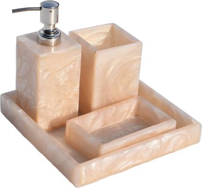 Green Decor Modern Bath Set with Tray, Liquid Soap Dispenser, Tooth Brush Holder & Soap Tray Polyresin Bathroom Set