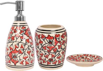 Old Edge Ceramics Liquid Soap Dispenser,Toothbrush Holder,Soap Dish in Mughal Design Ceramic Bathroom Set