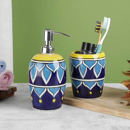 VarEesha Blue Yellow Ceramic Round Bathroom Accessories Set of Two Ceramic Bathroom Set