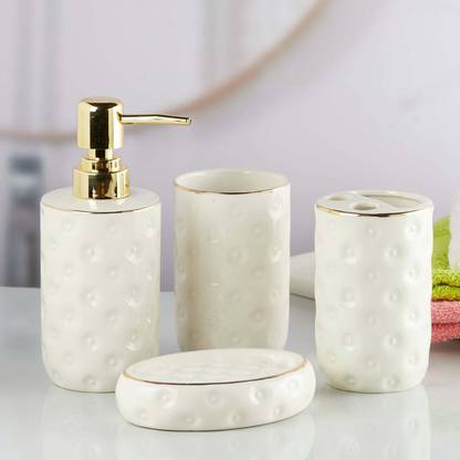 Kookee Ceramic Bathroom Accessories Set of 4 Bath Set with Soap Dispenser (10256) Ceramic Bathroom Set