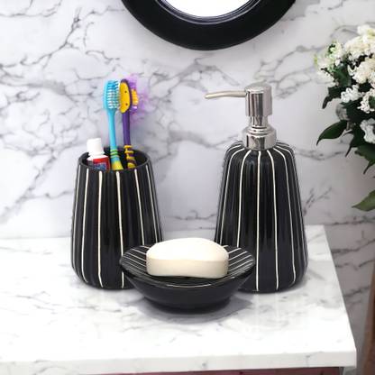 The Transit Story Hand-Painted Liquid Soap Dispenser, Soap Case & Toothbrush Holder Rust-Proof Ceramic Bathroom Set