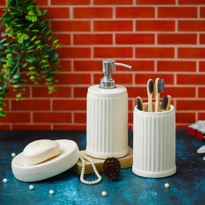 The Transit Story Ceramic Soap Case, Toothbrush Holder and Soap Dispenser Set of 3 Ceramic Bathroom Set