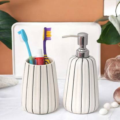 The Transit Story Hand-Painted Liquid Soap Dispenser & Toothbrush Holder Rust-Proof for Kitchen , Ceramic Bathroom Set