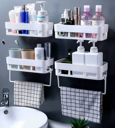 QXORE Without Drilling Organizer (4 Shelf+2 Towel Hanger) Plastic Bathroom Set