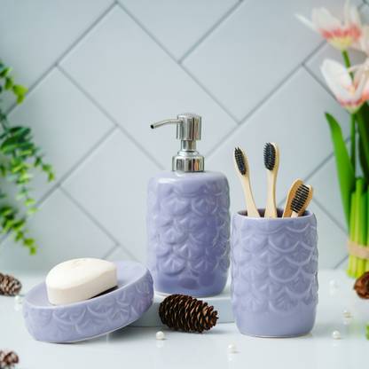 The Transit Story Ceramic Soap Case, Toothbrush Holder and Soap Dispenser Set of 3 Ceramic Bathroom Set