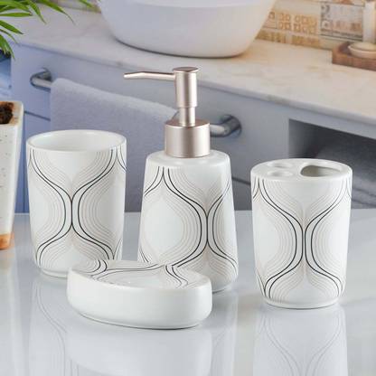 Kookee Ceramic Set of 4 Bath Set with Soap Dispenser Ceramic Bathroom Set