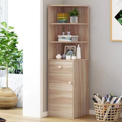 KAWACHI Wooden Multipurpose Corner Wall Decor Display Cabinet Bookshelf Rack with Drawer Storage Engineered Wood Display Unit