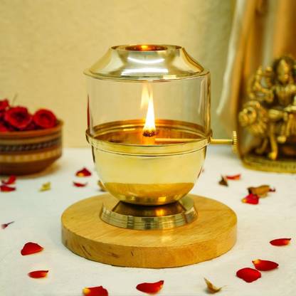 Digipuja 100% Pure Brass Akhand Jyot Diya with Adjustable Bati Knob Brass Table Diya