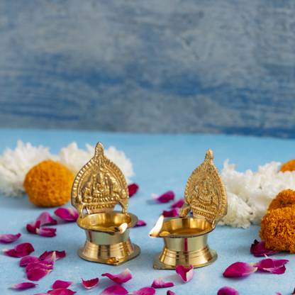 Decowill Brass Kamakshi Devi Diya | Diya for Pooja | Brass Table Diya Brass (Pack of 2) Table Diya