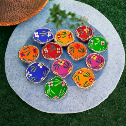 BS NATURAL 12 pice colour diya Natural Clay Traditional Diwali Ke Diye | Earthenware (Pack of 12) Table Diya Set