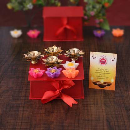 CraftVatika Brass Lotus Kamal Diya with Tealight Candles with Greeting Card Brass Table Diya Set