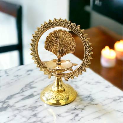 Asha Enchant Decor Brass Peacock Samai Diya Traditional Oil Lamp Interior Puja Room Decor Brass Table Diya