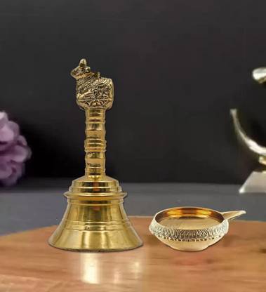 Fashion Bizz Brass Diya and Nandi Bell Set | Gift Set| Beautiful Set Combo Brass (Pack of 2) Table Diya Set