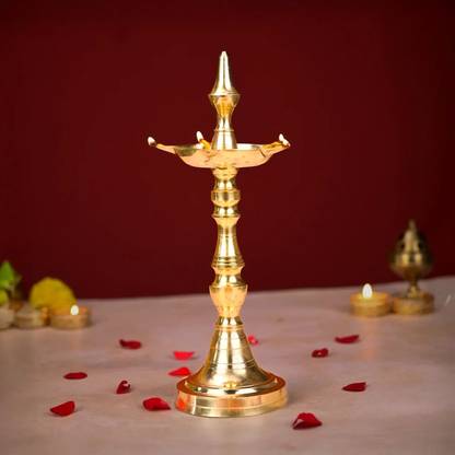 The Divine Tales Kerala Traditional Diya Oil Lamp Stand for Puja Home Office Temple Interiors Brass Table Diya