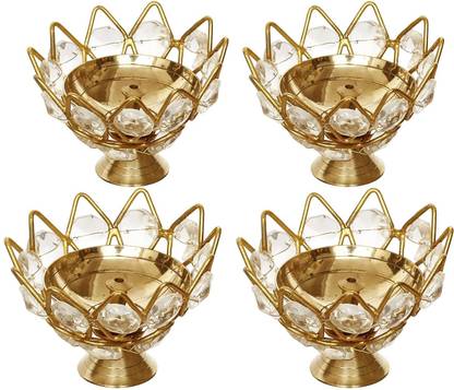 ONLYBOTTOM Brass Akhand Diya | Diamond Crystal Deepak/Diya Brass, Crystal Brass (Pack of 4) Table Diya Set