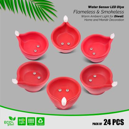 SLYKA LED Diya with Water Sensor Battery Powered For Temple Office/Home Decoration Plastic (Pack of 24) Table Diya Set